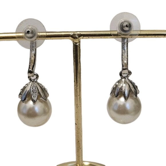 Faux Pearl Rhinestone Dangle Drop Wedding Pierced Earrings - Picture 2 of 2